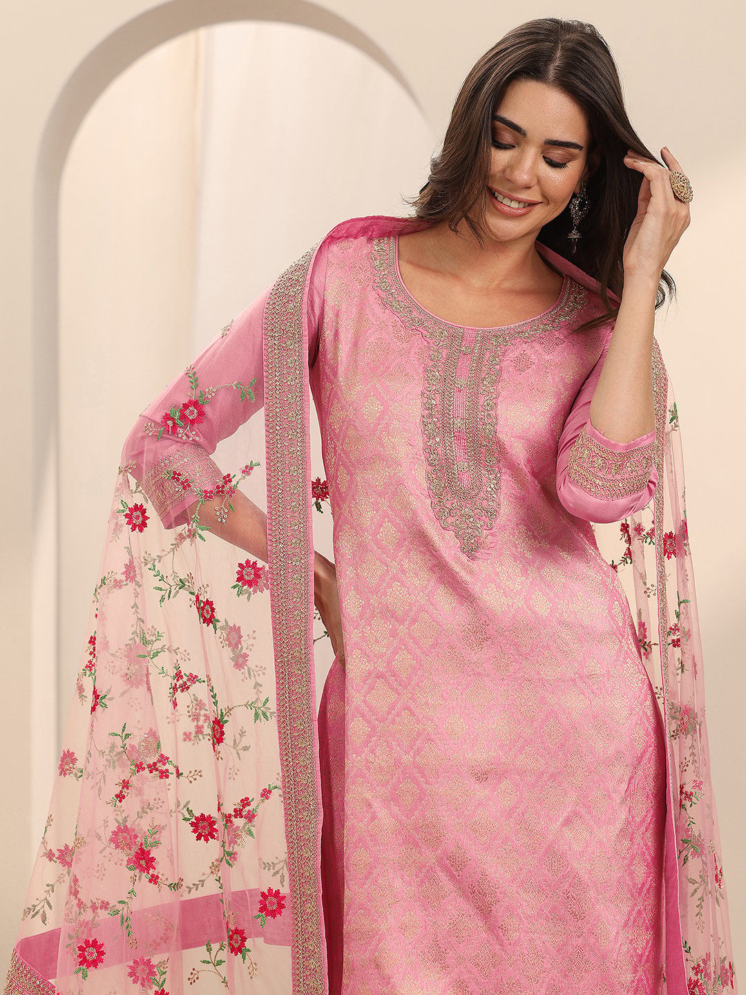 Pink Self Design Silk Blend Straight Kurta, Trousers and Dupatta Set