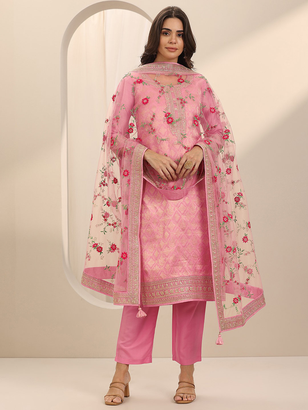 Pink Self Design Silk Blend Straight Kurta, Trousers and Dupatta Set