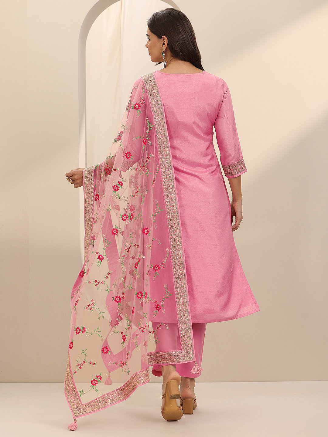 Pink Self Design Silk Blend Straight Kurta, Trousers and Dupatta Set