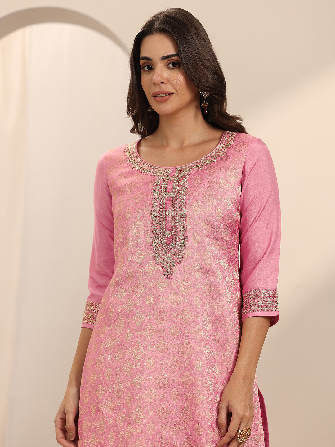 Pink Self Design Silk Blend Straight Kurta, Trousers and Dupatta Set
