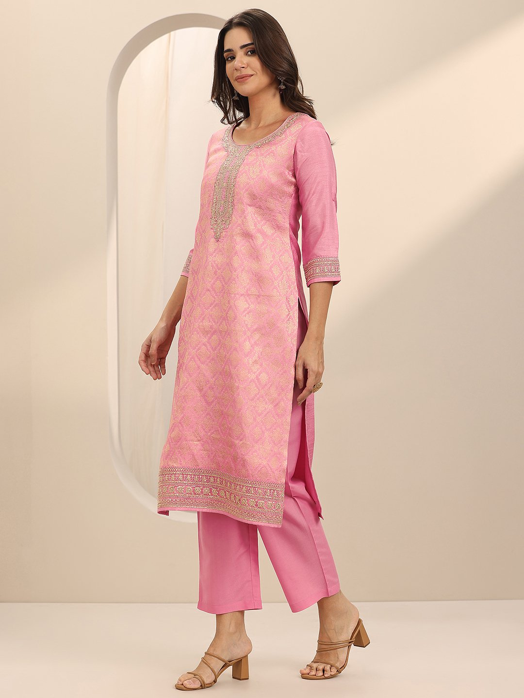 Pink Self Design Silk Blend Straight Kurta, Trousers and Dupatta Set