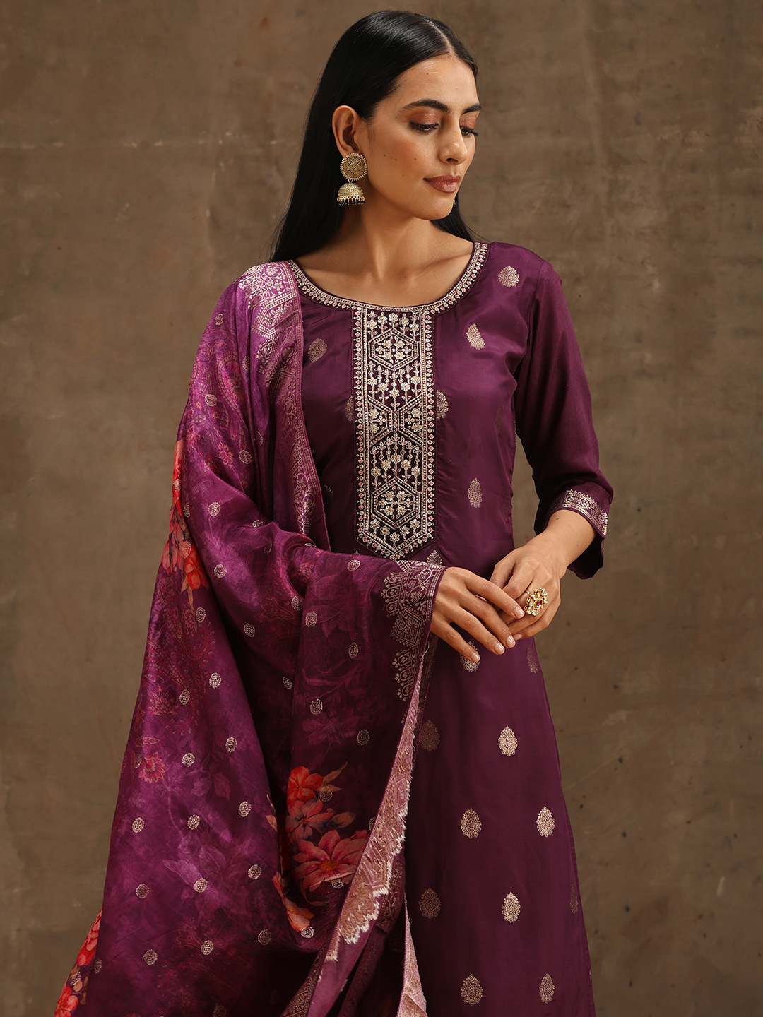 Purple Self Design Silk A-Line Kurta and Trousers Set 