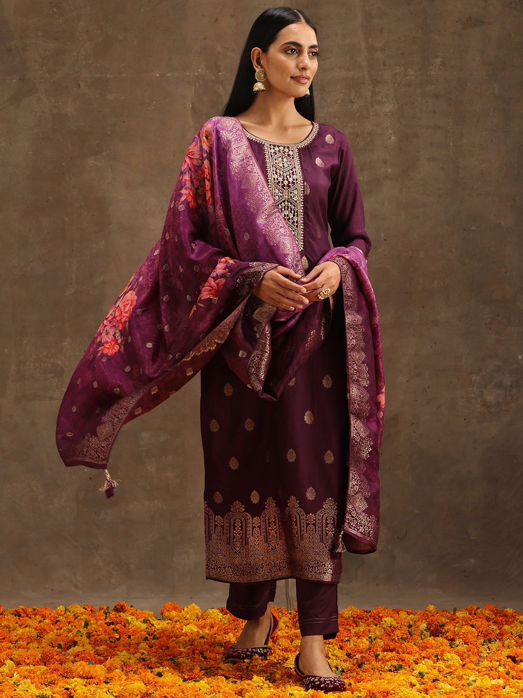 Purple Self Design Silk A-Line Kurta and Trousers Set 
