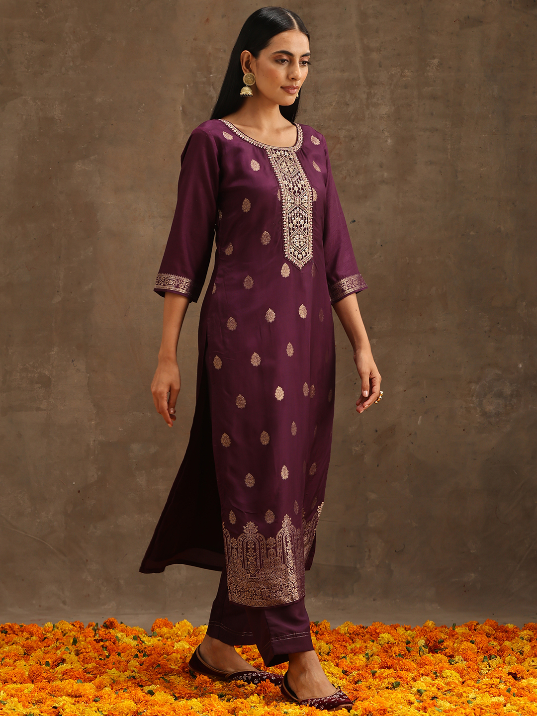 Purple Self Design Silk A-Line Kurta and Trousers Set 