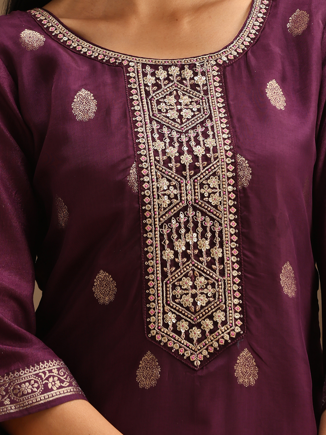 Purple Self Design Silk A-Line Kurta and Trousers Set 