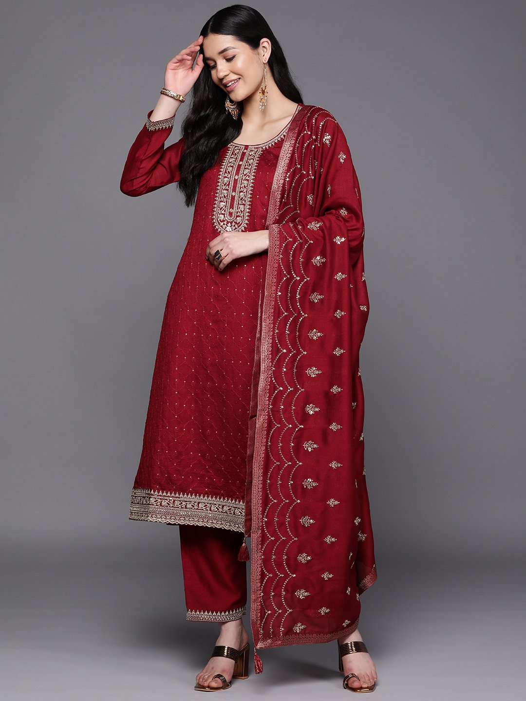 Maroon Embroidered Silk Blend Straight Kurta, Trousers and Dupatta Set