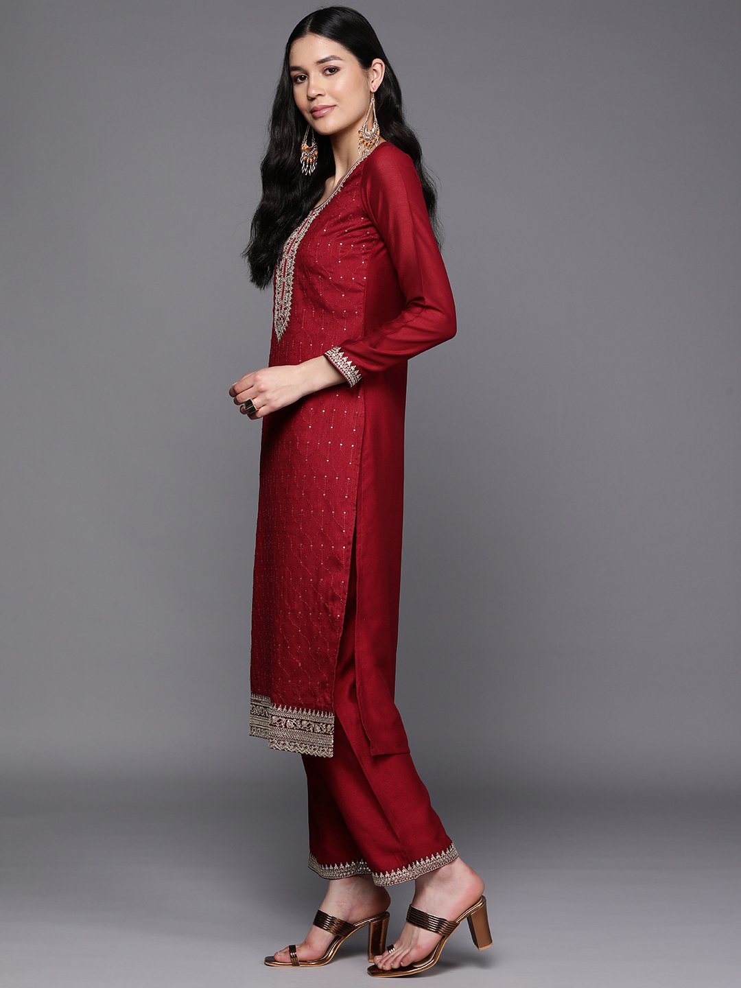 Maroon Embroidered Silk Blend Straight Kurta, Trousers and Dupatta Set