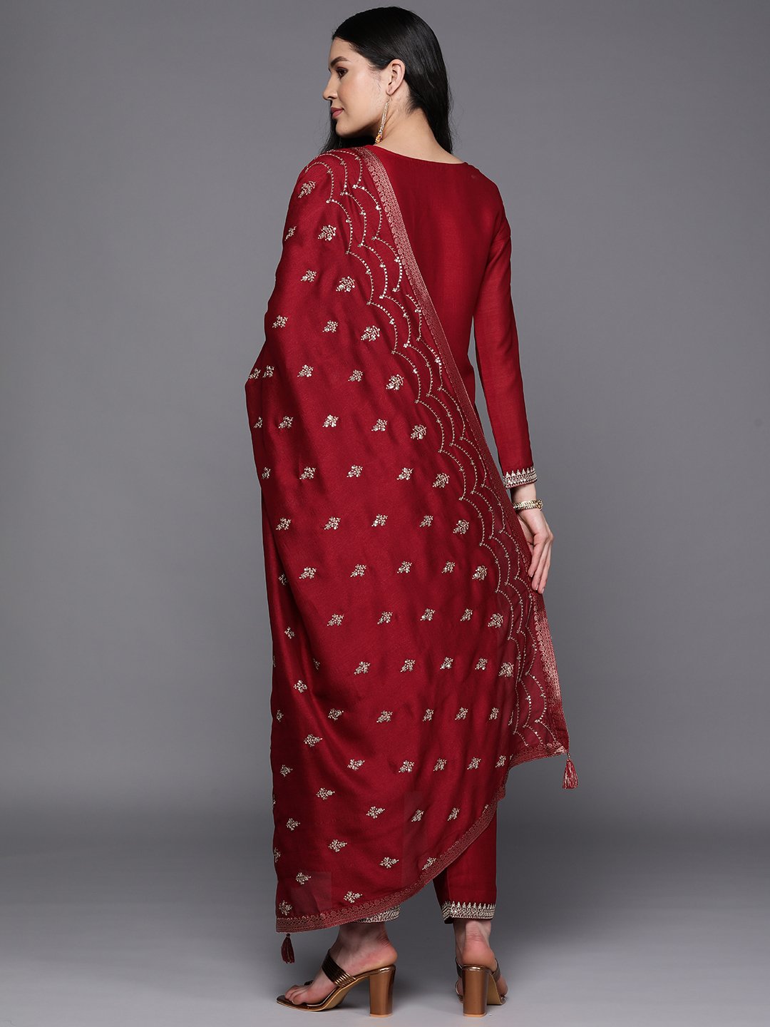 Maroon Embroidered Silk Blend Straight Kurta, Trousers and Dupatta Set