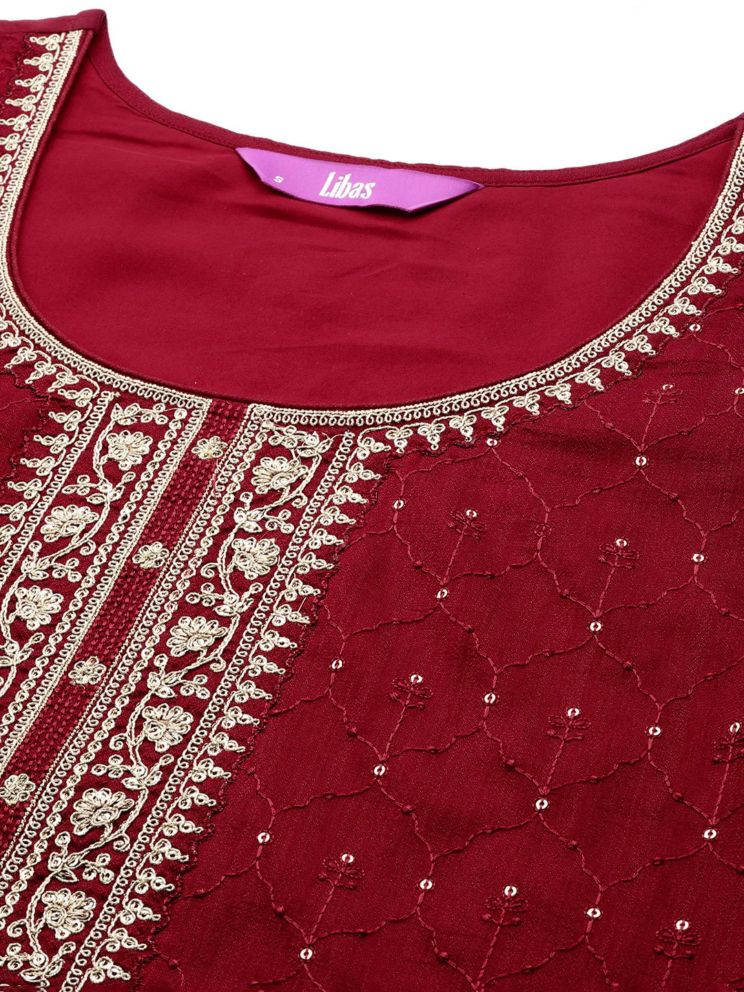 Maroon Embroidered Silk Blend Straight Kurta, Trousers and Dupatta Set