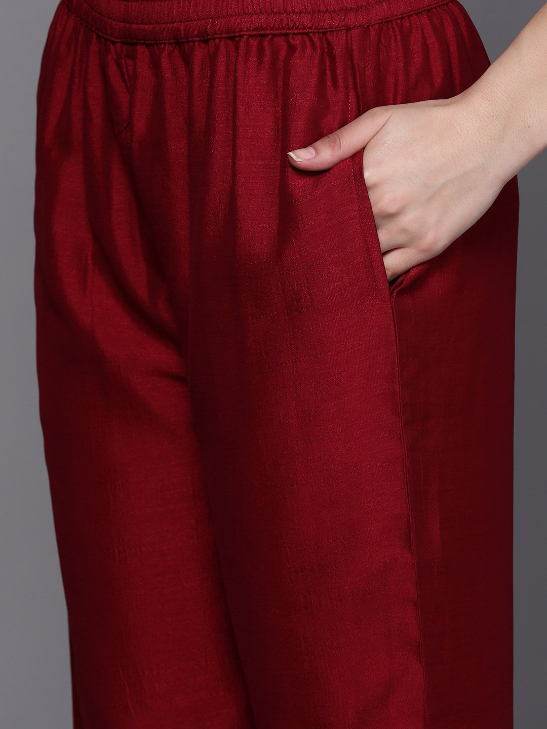 Maroon Embroidered Silk Blend Straight Kurta, Trousers and Dupatta Set