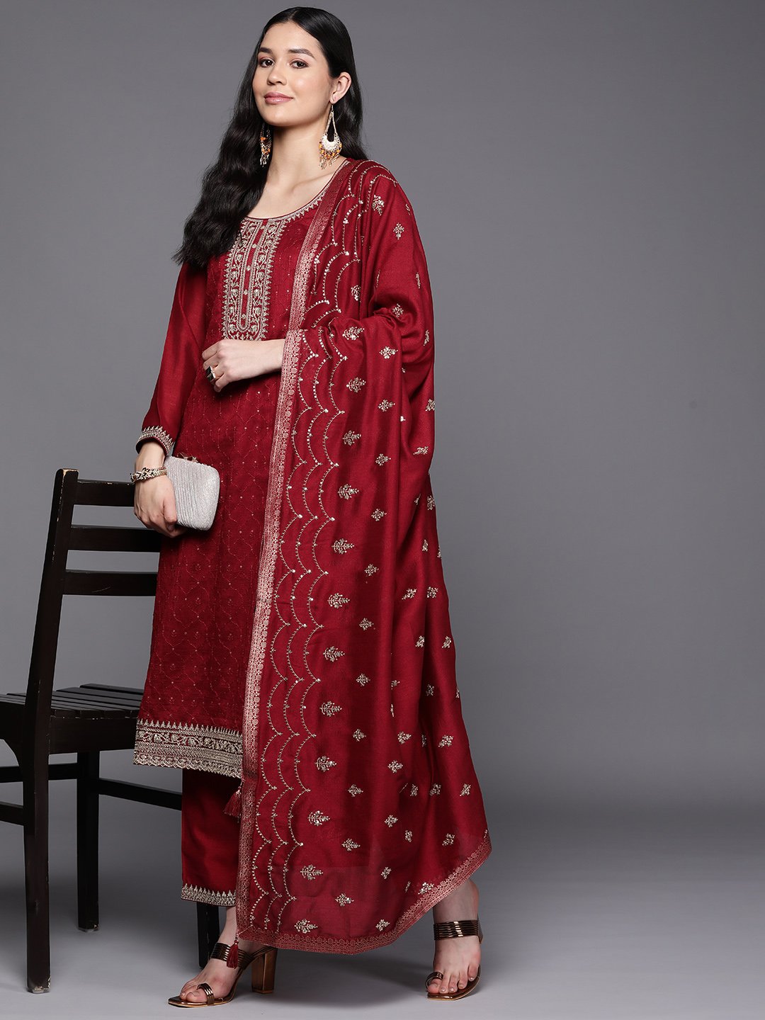 Maroon Embroidered Silk Blend Straight Kurta, Trousers and Dupatta Set