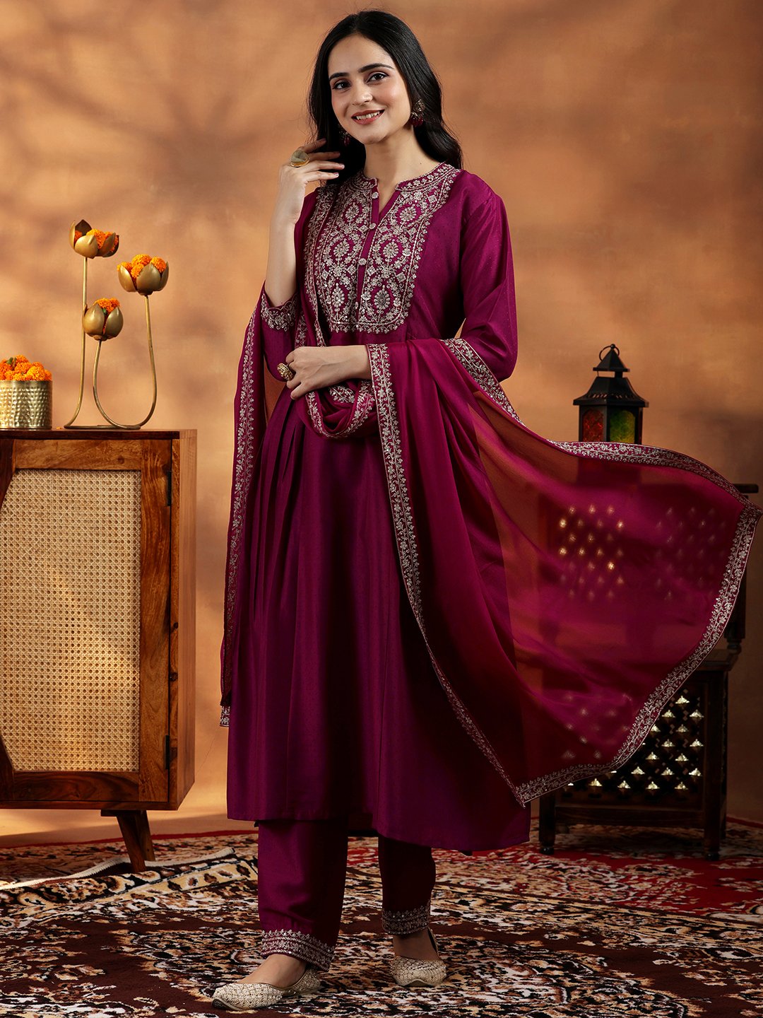 Maroon Embroidered Silk Blend A-Line Kurta, Palazzos and Dupatta Set