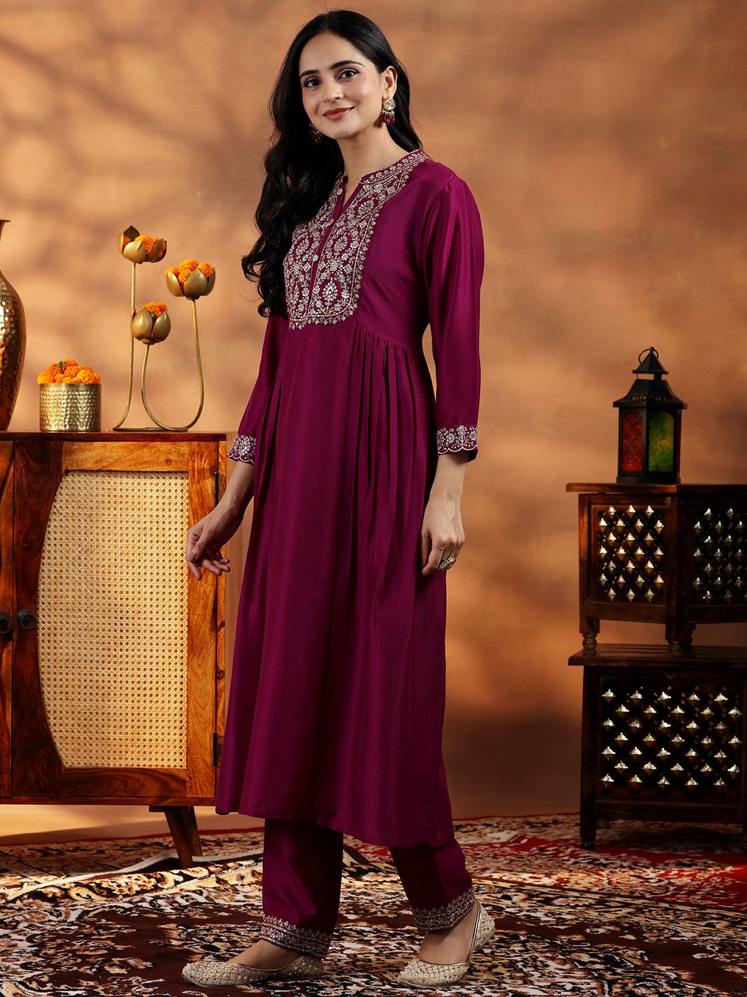 Maroon Embroidered Silk Blend A-Line Kurta, Palazzos and Dupatta Set