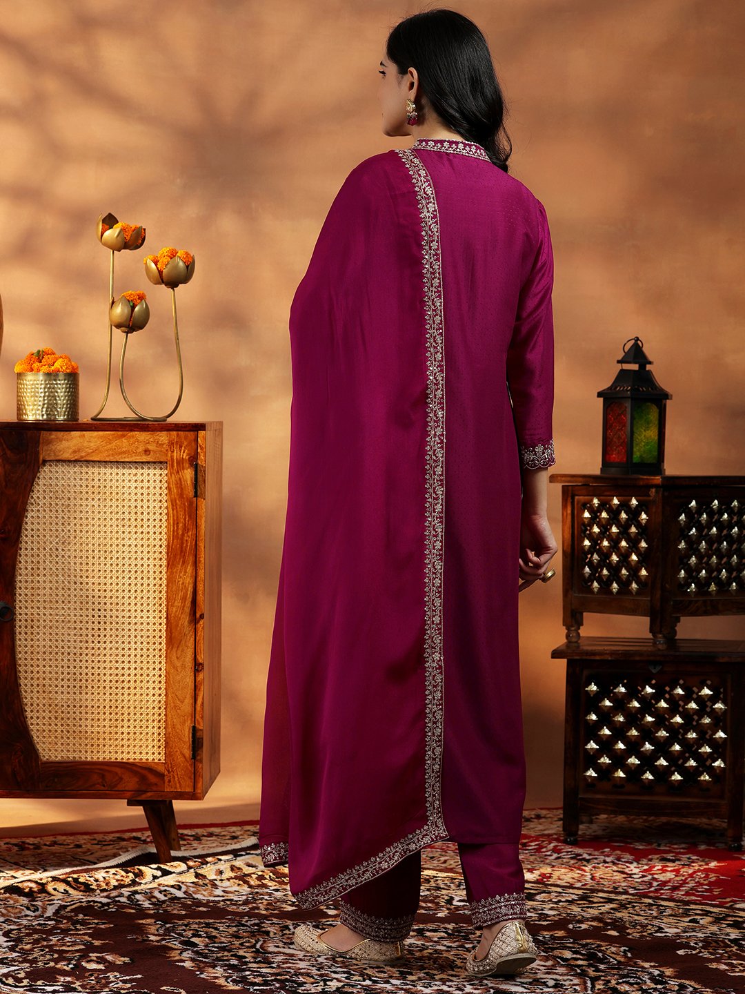 Maroon Embroidered Silk Blend A-Line Kurta, Palazzos and Dupatta Set
