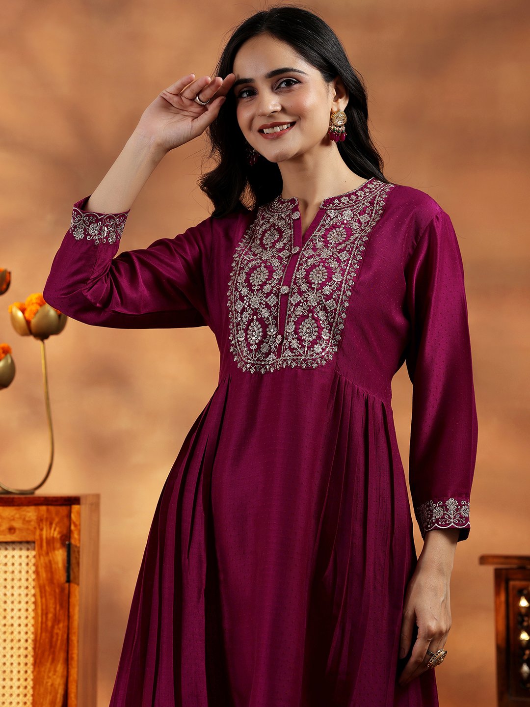 Maroon Embroidered Silk Blend A-Line Kurta, Palazzos and Dupatta Set