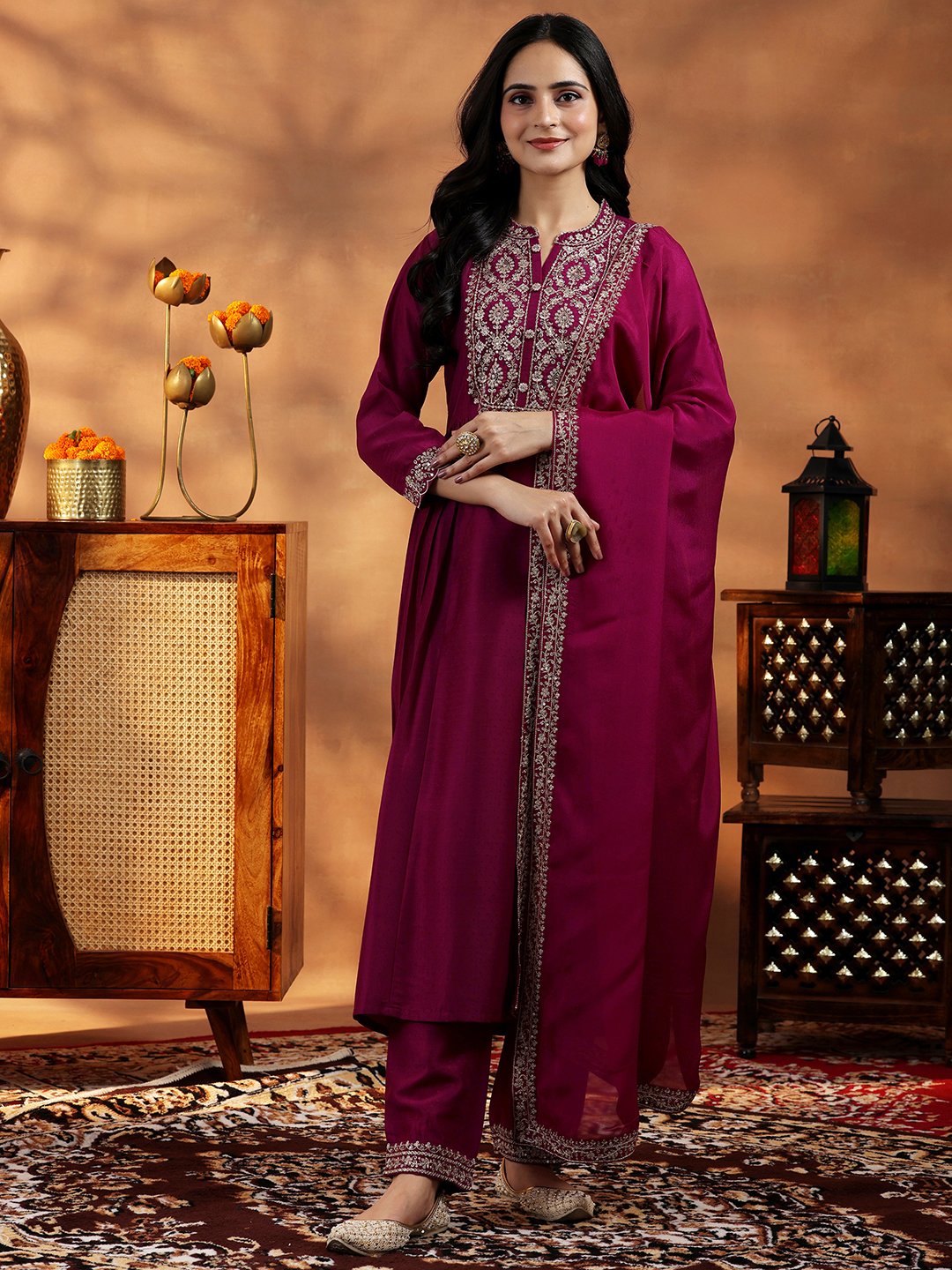 Maroon Embroidered Silk Blend A-Line Kurta, Palazzos and Dupatta Set