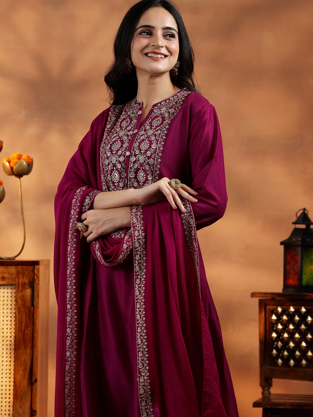 Maroon Embroidered Silk Blend A-Line Kurta, Palazzos and Dupatta Set