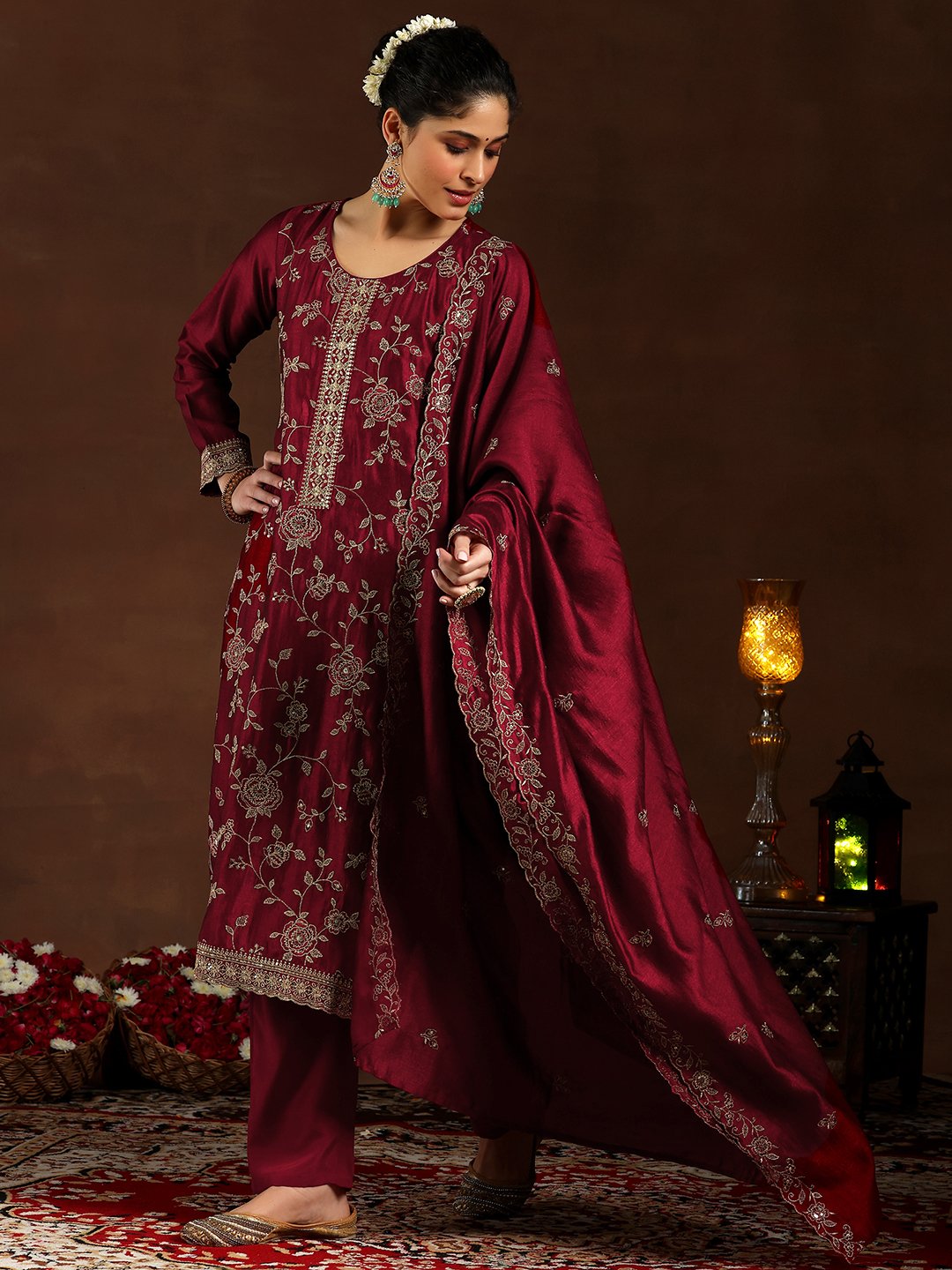Maroon Embroidered Silk Blend Straight Kurta, Trousers and Dupatta Set