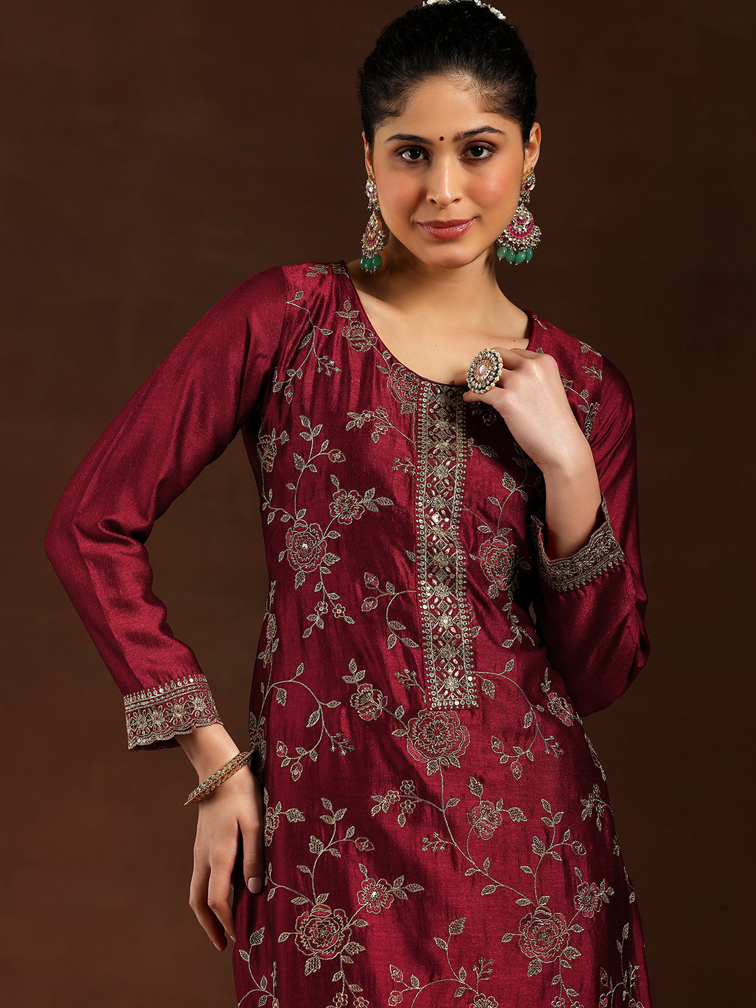 Maroon Embroidered Silk Blend Straight Kurta, Trousers and Dupatta Set