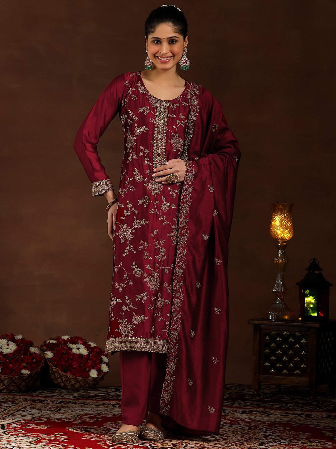 Maroon Embroidered Silk Blend Straight Kurta, Trousers and Dupatta Set