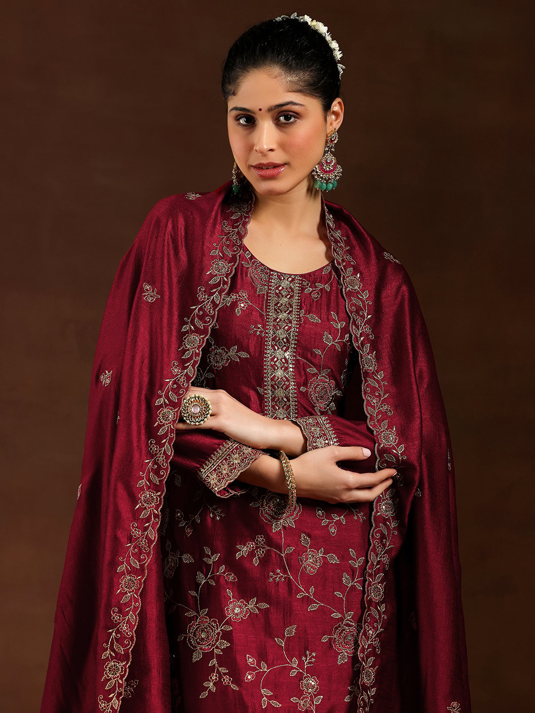 Maroon Embroidered Silk Blend Straight Kurta, Trousers and Dupatta Set