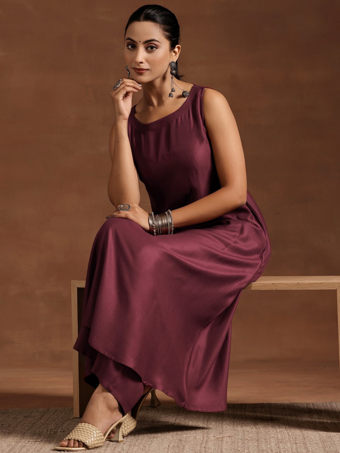 Burgundy Woven Design Silk Blend A-line Kurta and Palazzos Set 