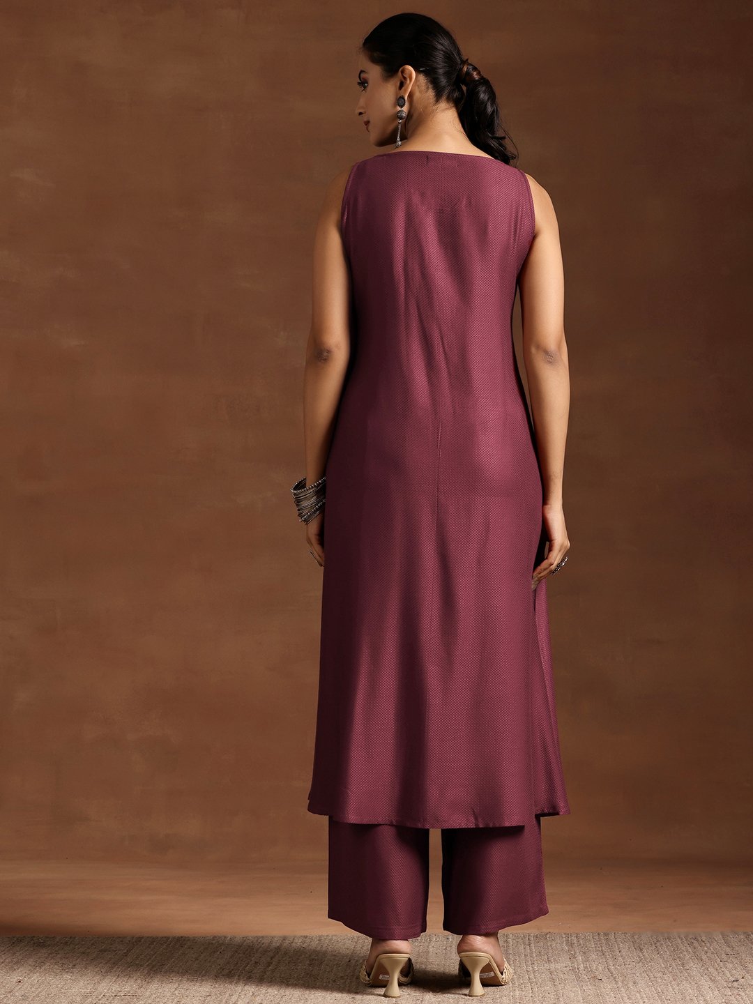 Burgundy Woven Design Silk Blend A-line Kurta and Palazzos Set 