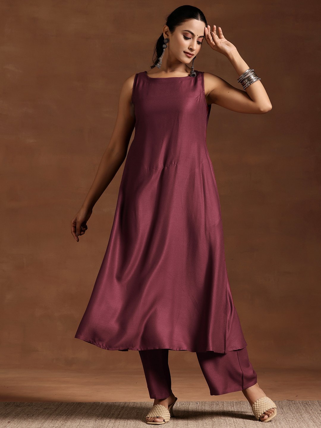 Burgundy Woven Design Silk Blend A-line Kurta and Palazzos Set 