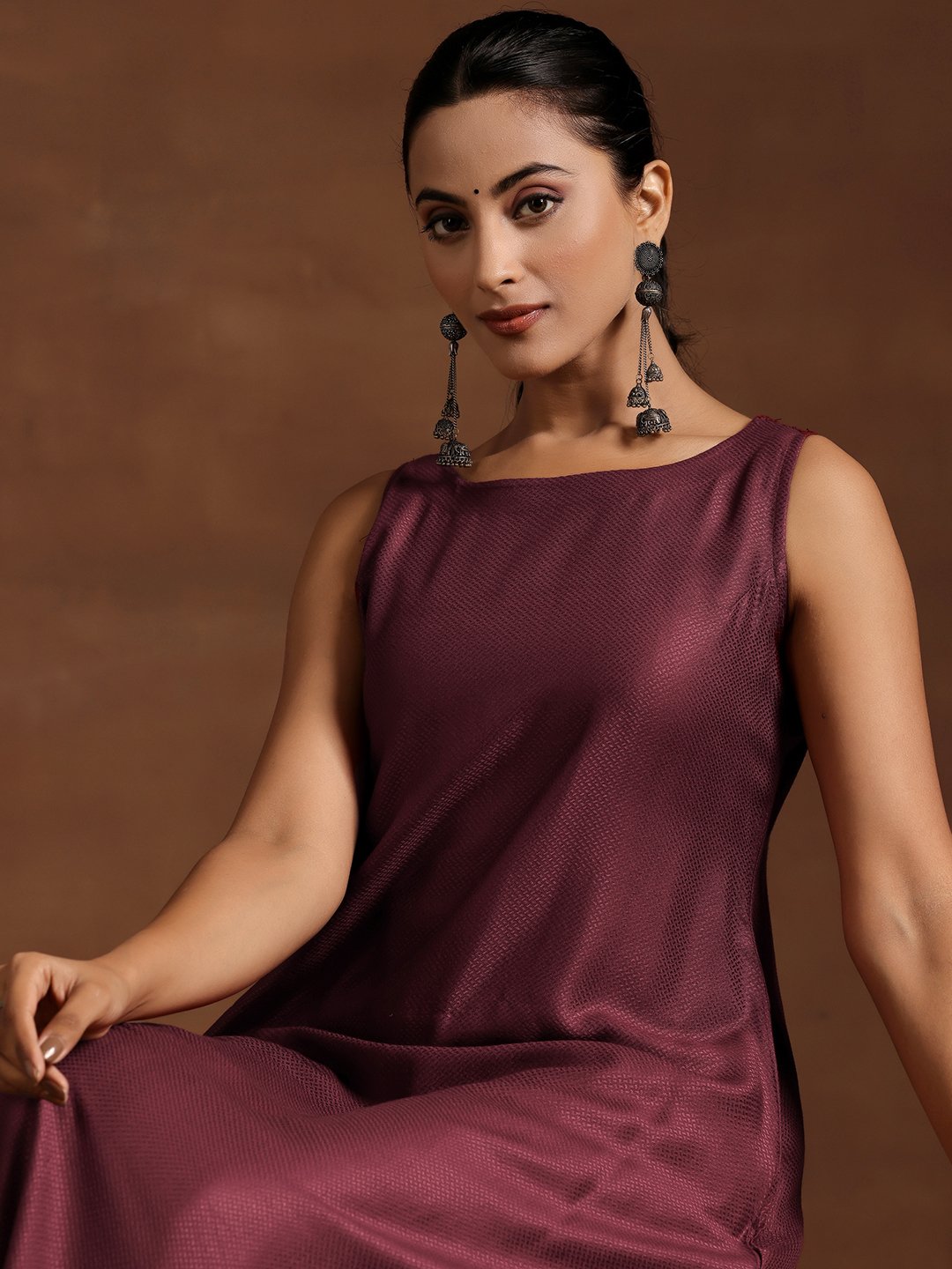 Burgundy Woven Design Silk Blend A-line Kurta and Palazzos Set 