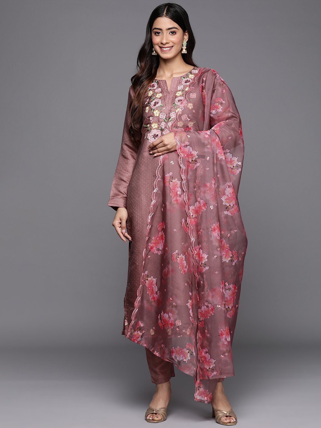 Mauve Embellished Silk Blend Straight Kurta, Trousers and Dupatta Set