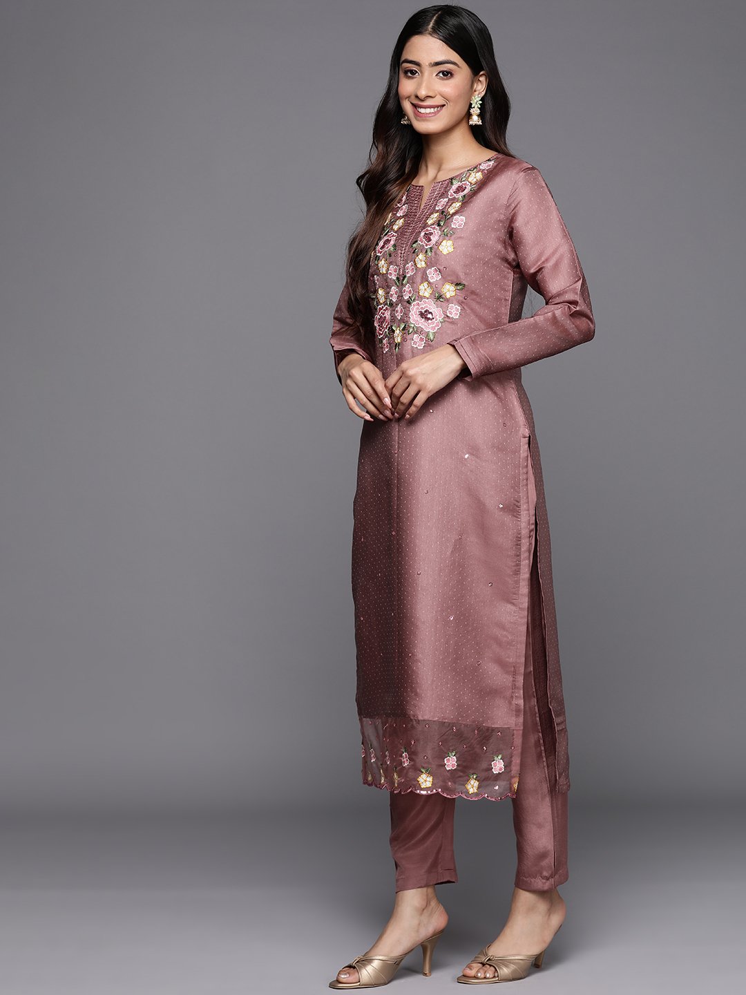 Mauve Embellished Silk Blend Straight Kurta, Trousers and Dupatta Set