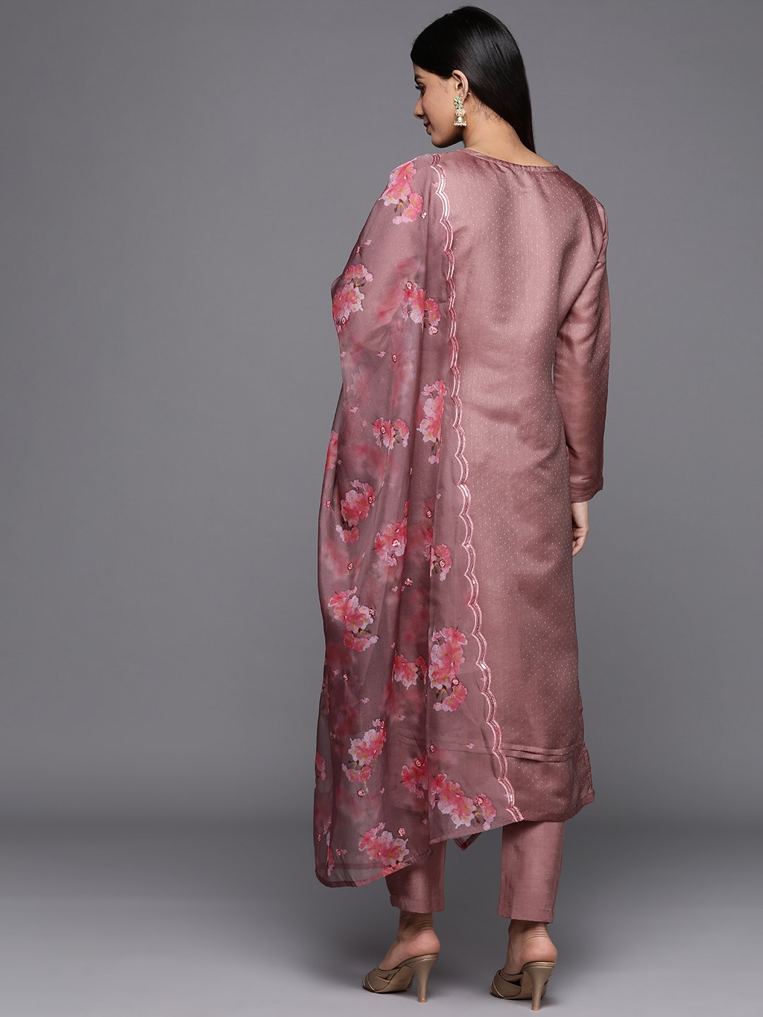 Mauve Embellished Silk Blend Straight Kurta, Trousers and Dupatta Set