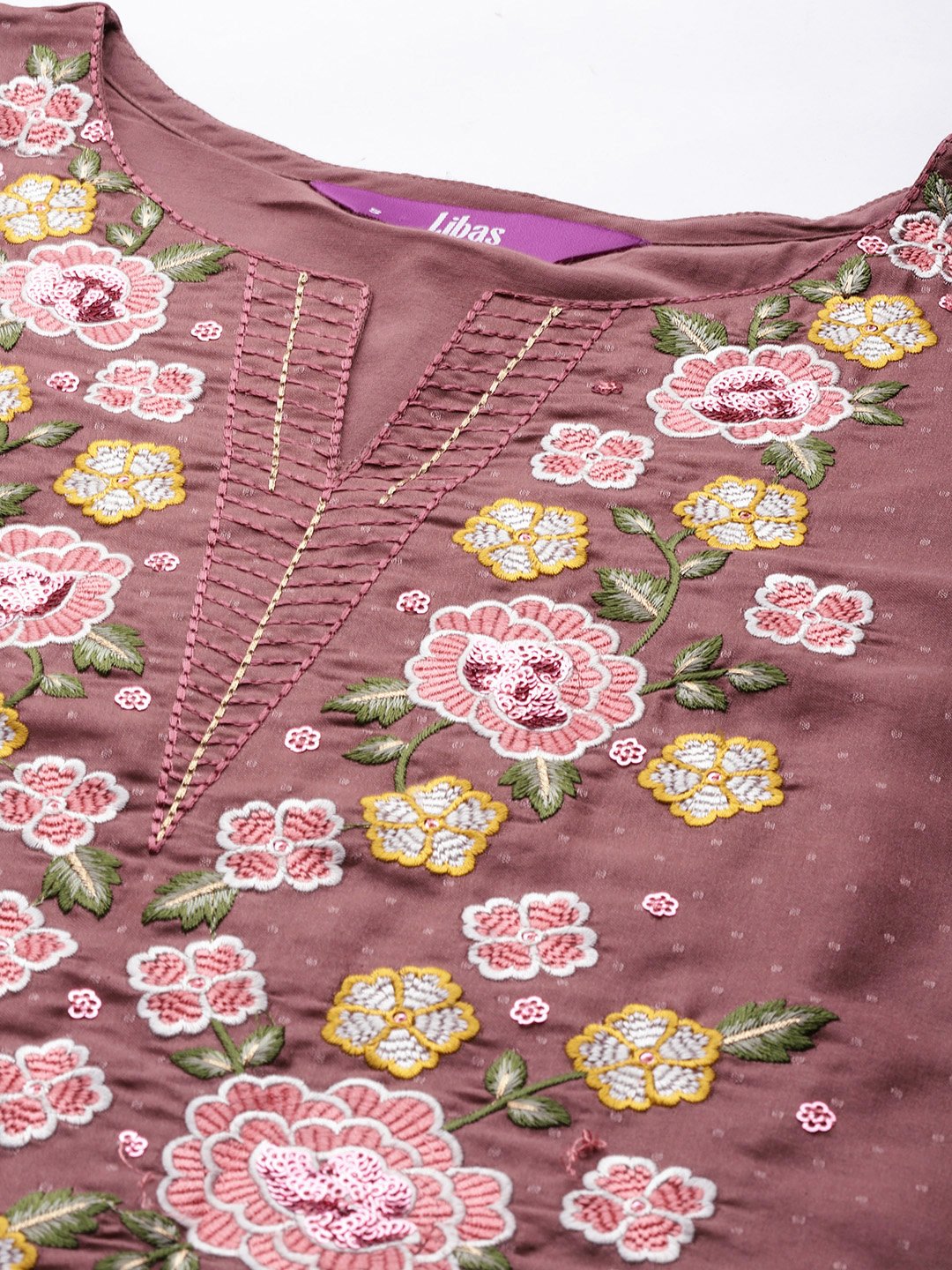 Mauve Embellished Silk Blend Straight Kurta, Trousers and Dupatta Set