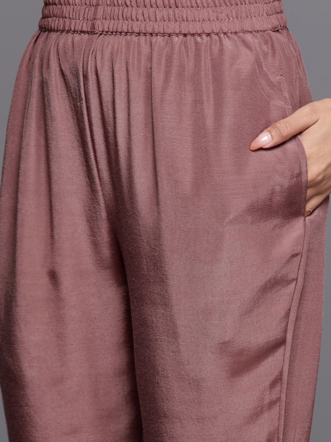 Mauve Embellished Silk Blend Straight Kurta, Trousers and Dupatta Set