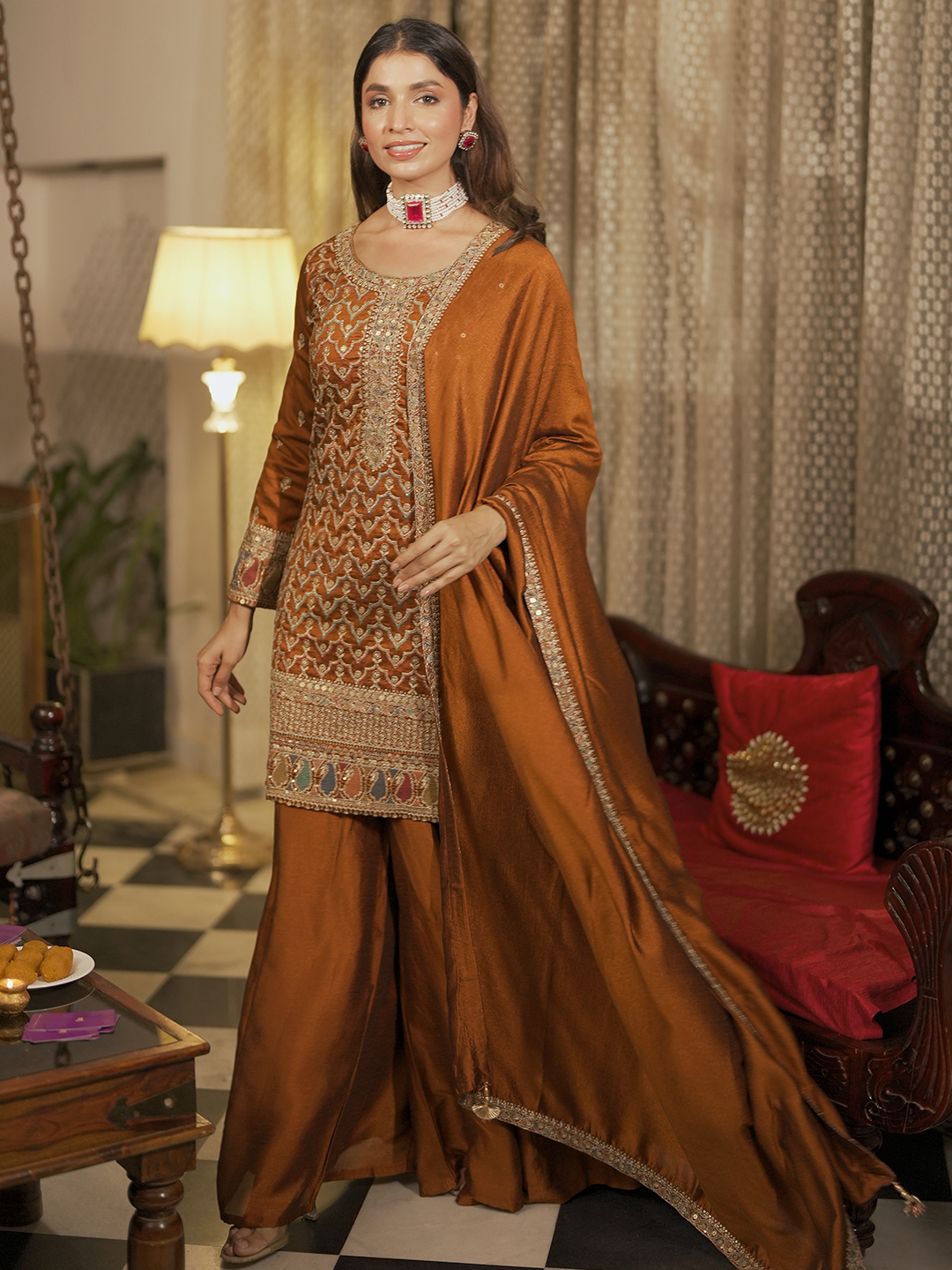 Rust Embellished Silk Blend Straight Kurta, Palazzos and Dupatta Set