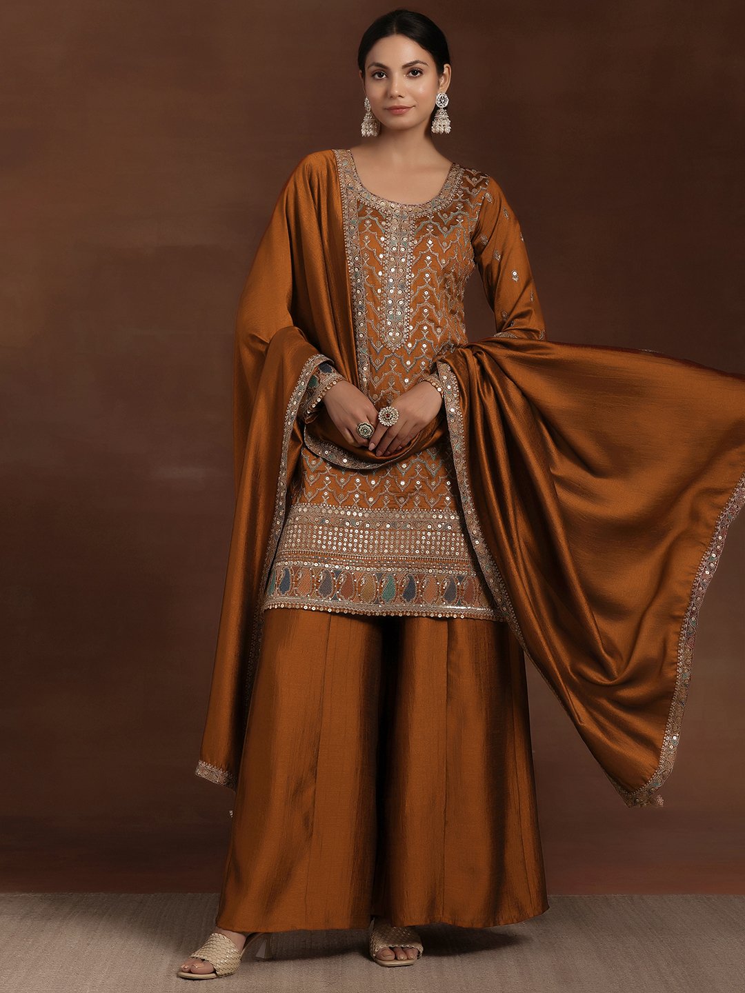 Rust Embellished Silk Blend Straight Kurta, Palazzos and Dupatta Set