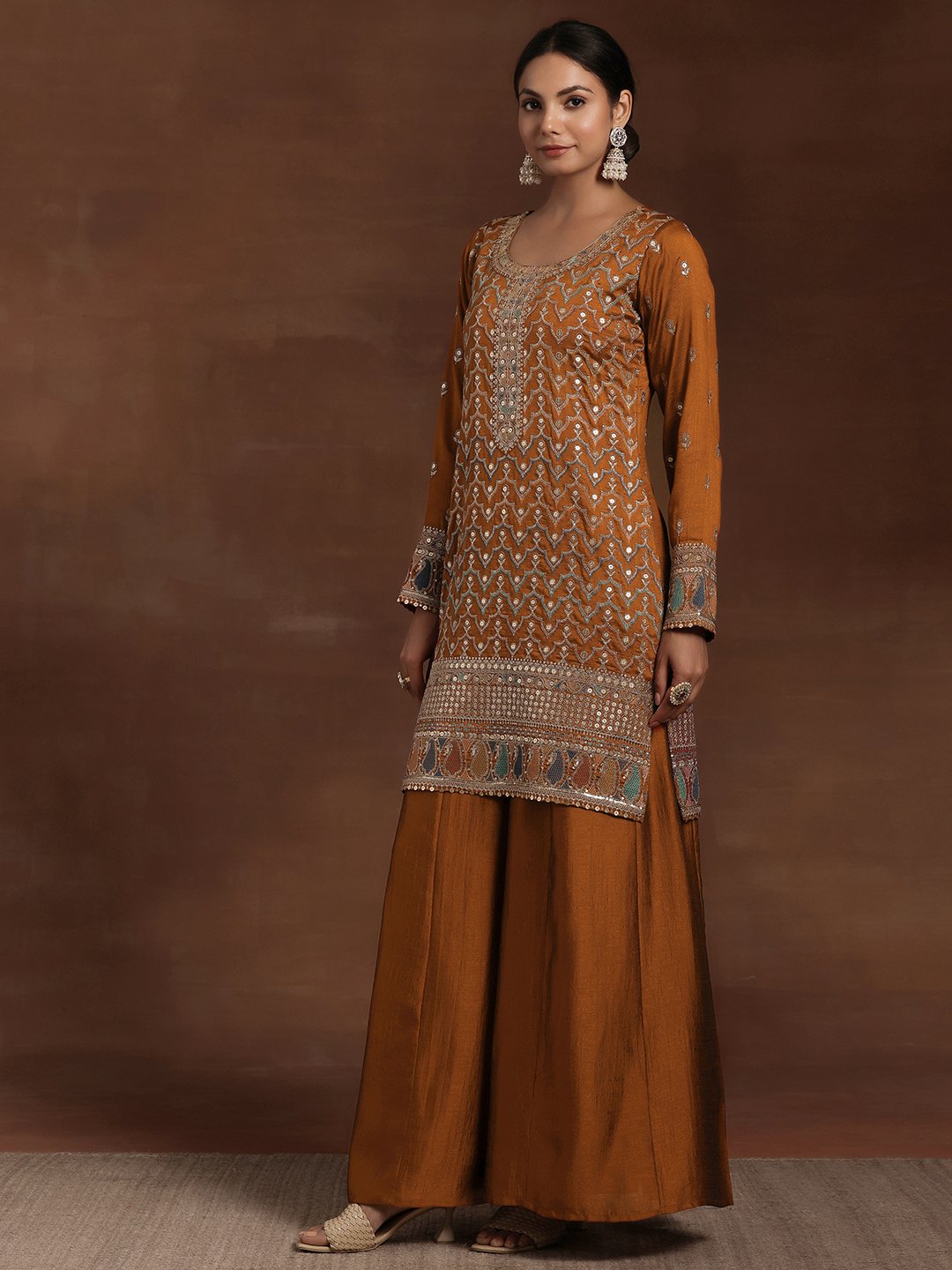 Rust Embellished Silk Blend Straight Kurta, Palazzos and Dupatta Set