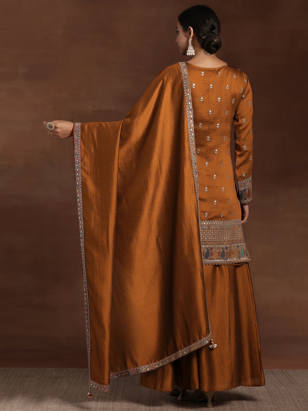 Rust Embellished Silk Blend Straight Kurta, Palazzos and Dupatta Set