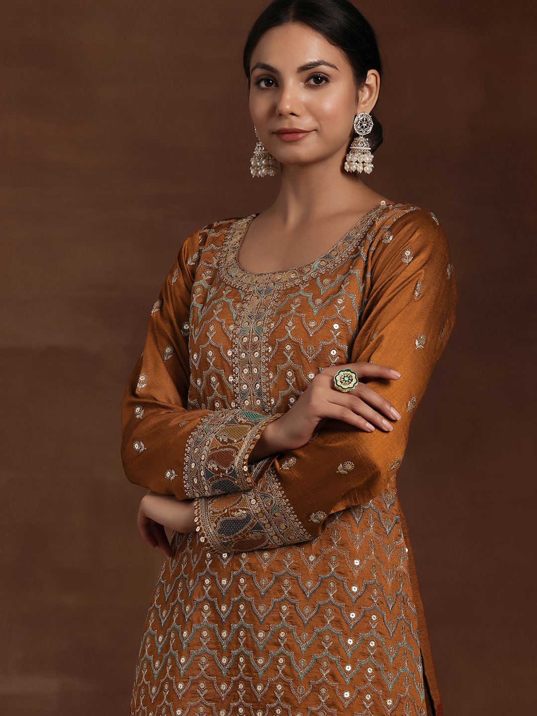 Rust Embellished Silk Blend Straight Kurta, Palazzos and Dupatta Set