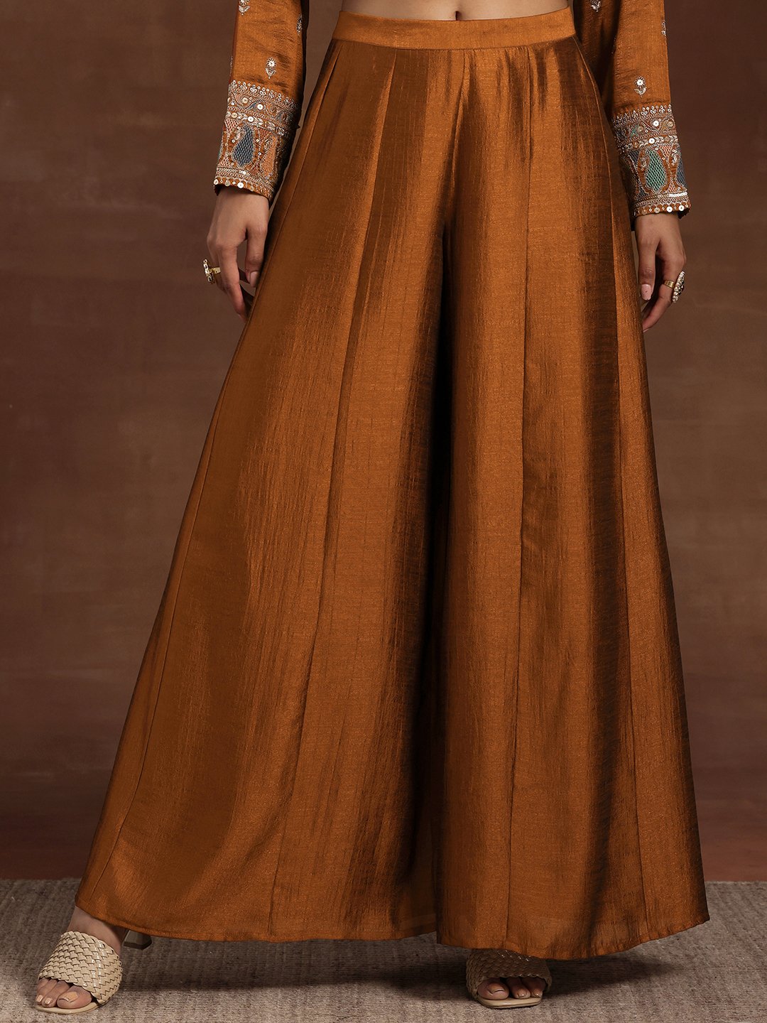 Rust Embellished Silk Blend Straight Kurta, Palazzos and Dupatta Set