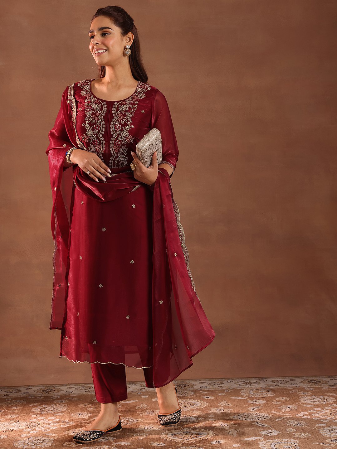 Maroon Embroidered Silk Blend Straight Kurta, Trousers and Dupatta Set