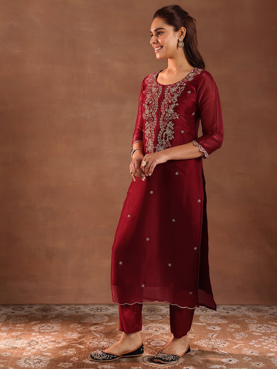 Maroon Embroidered Silk Blend Straight Kurta, Trousers and Dupatta Set