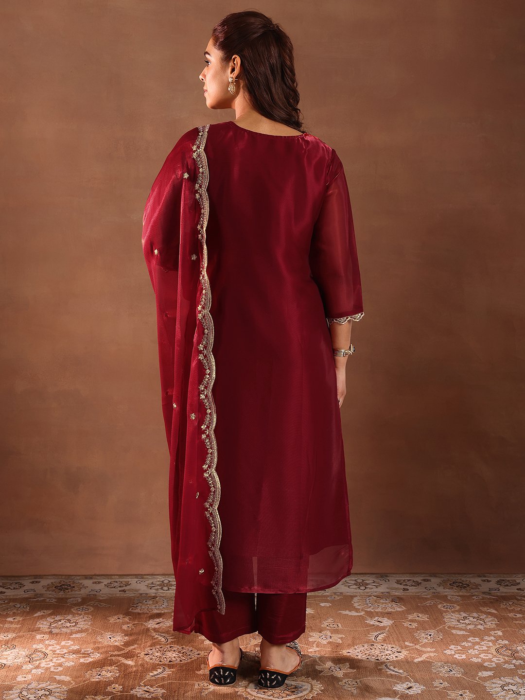 Maroon Embroidered Silk Blend Straight Kurta, Trousers and Dupatta Set
