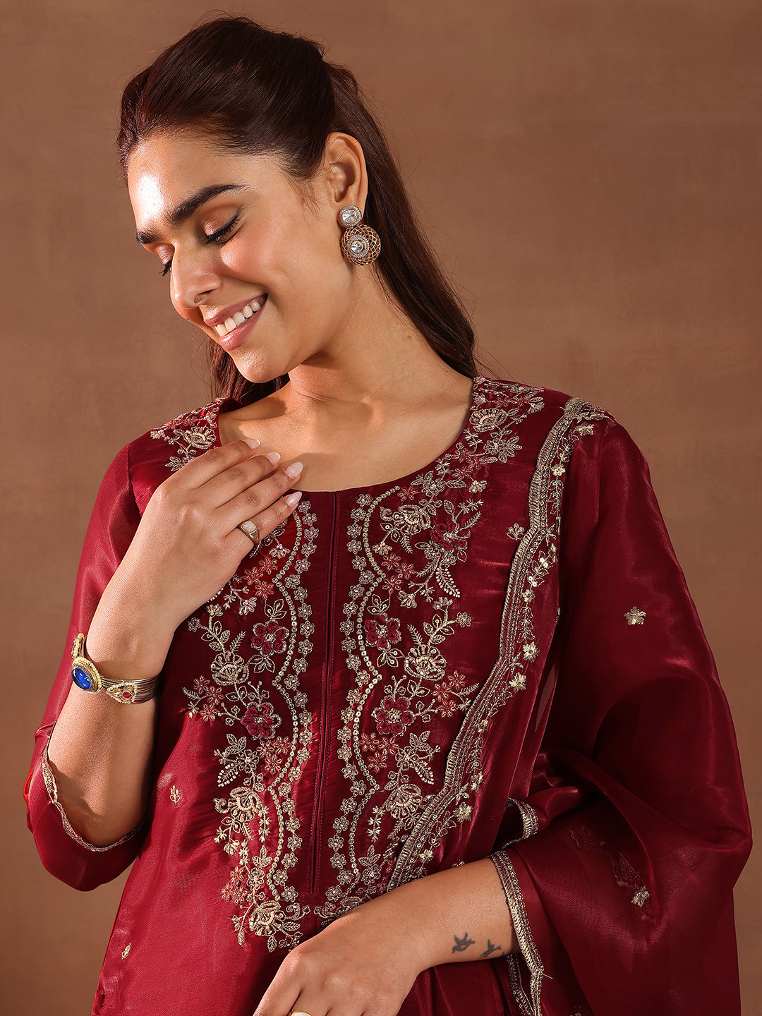 Maroon Embroidered Silk Blend Straight Kurta, Trousers and Dupatta Set