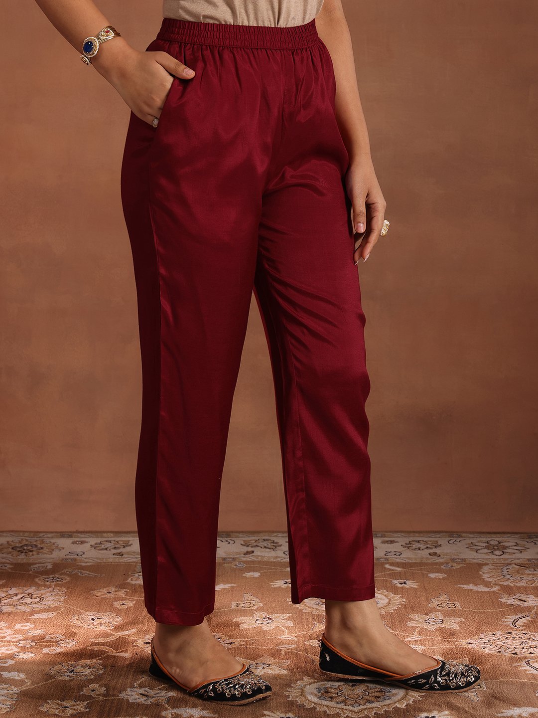 Maroon Embroidered Silk Blend Straight Kurta, Trousers and Dupatta Set