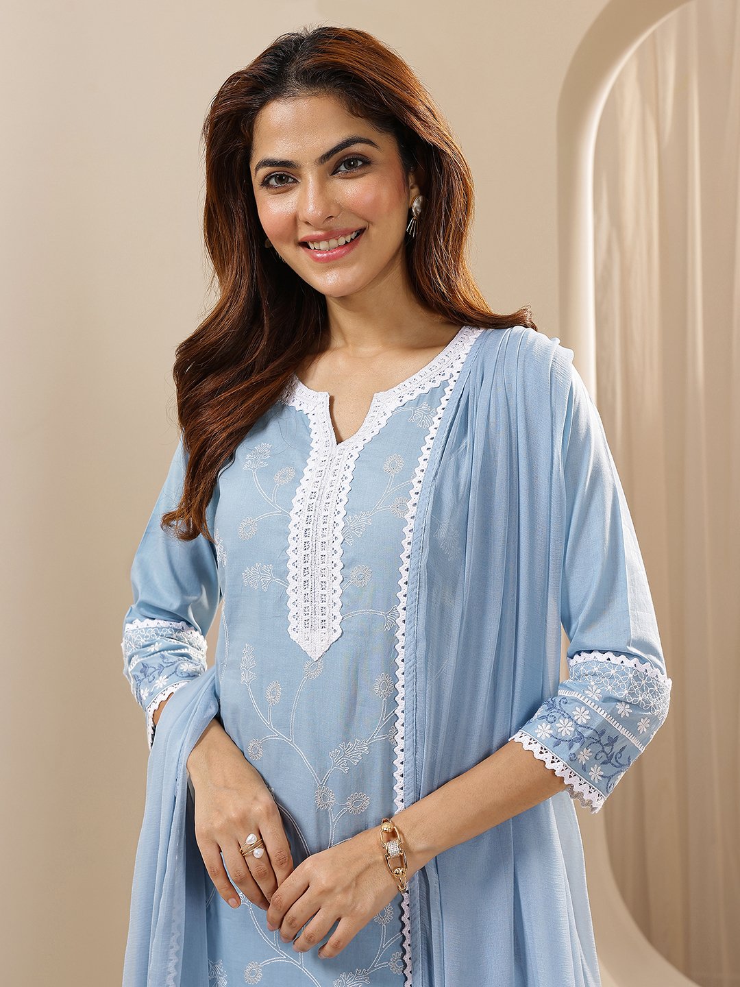 Blue Embroidered Cotton Straight Kurta, Trousers and Dupatta Set