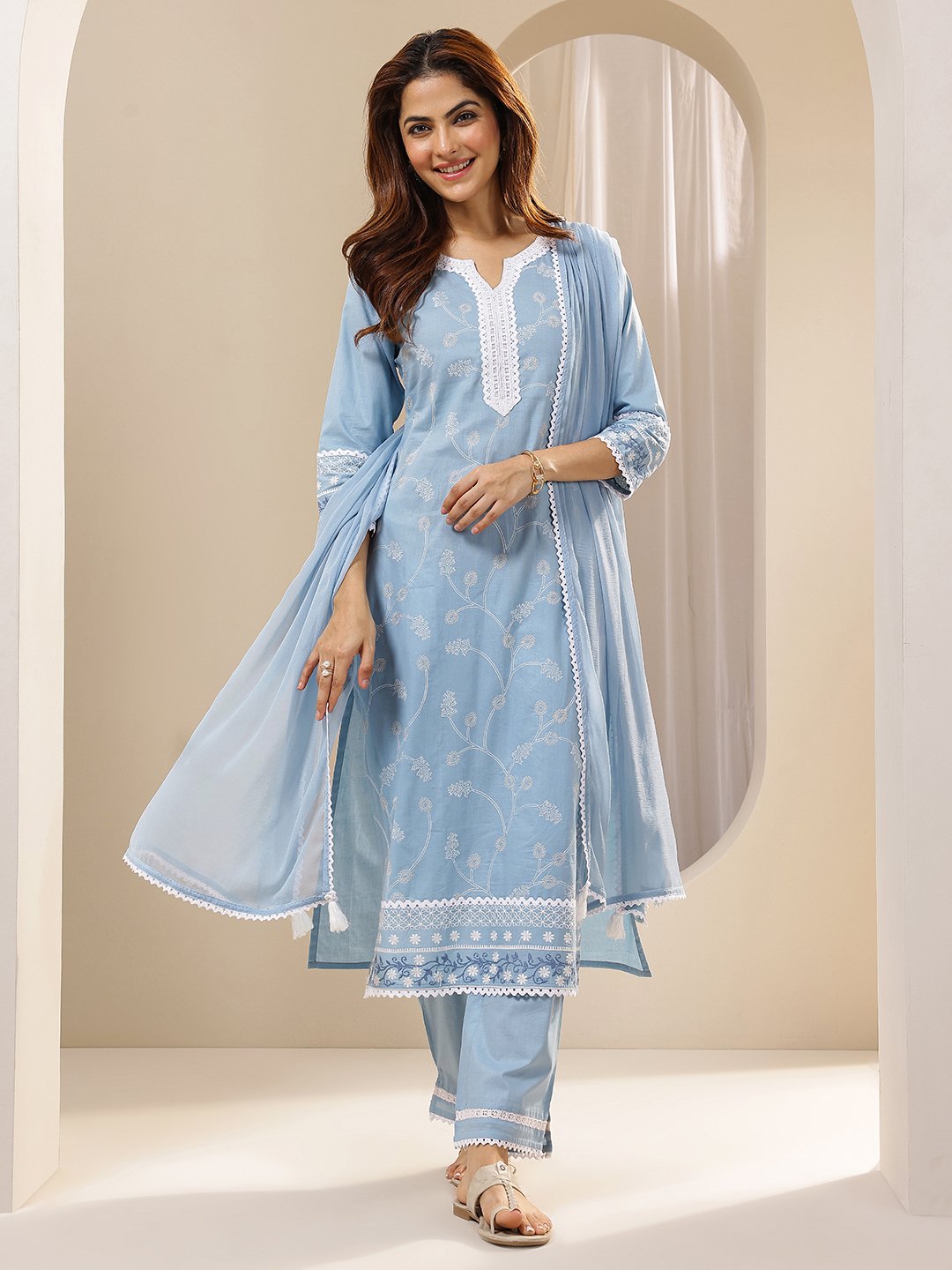 Blue Embroidered Cotton Straight Kurta, Trousers and Dupatta Set