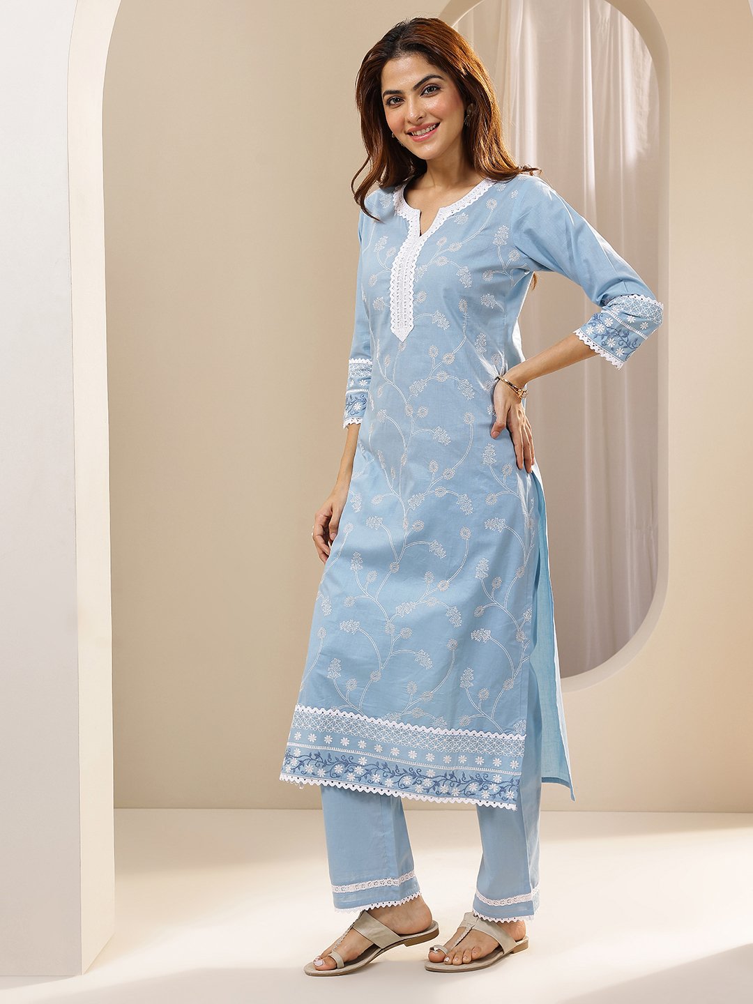 Blue Embroidered Cotton Straight Kurta, Trousers and Dupatta Set