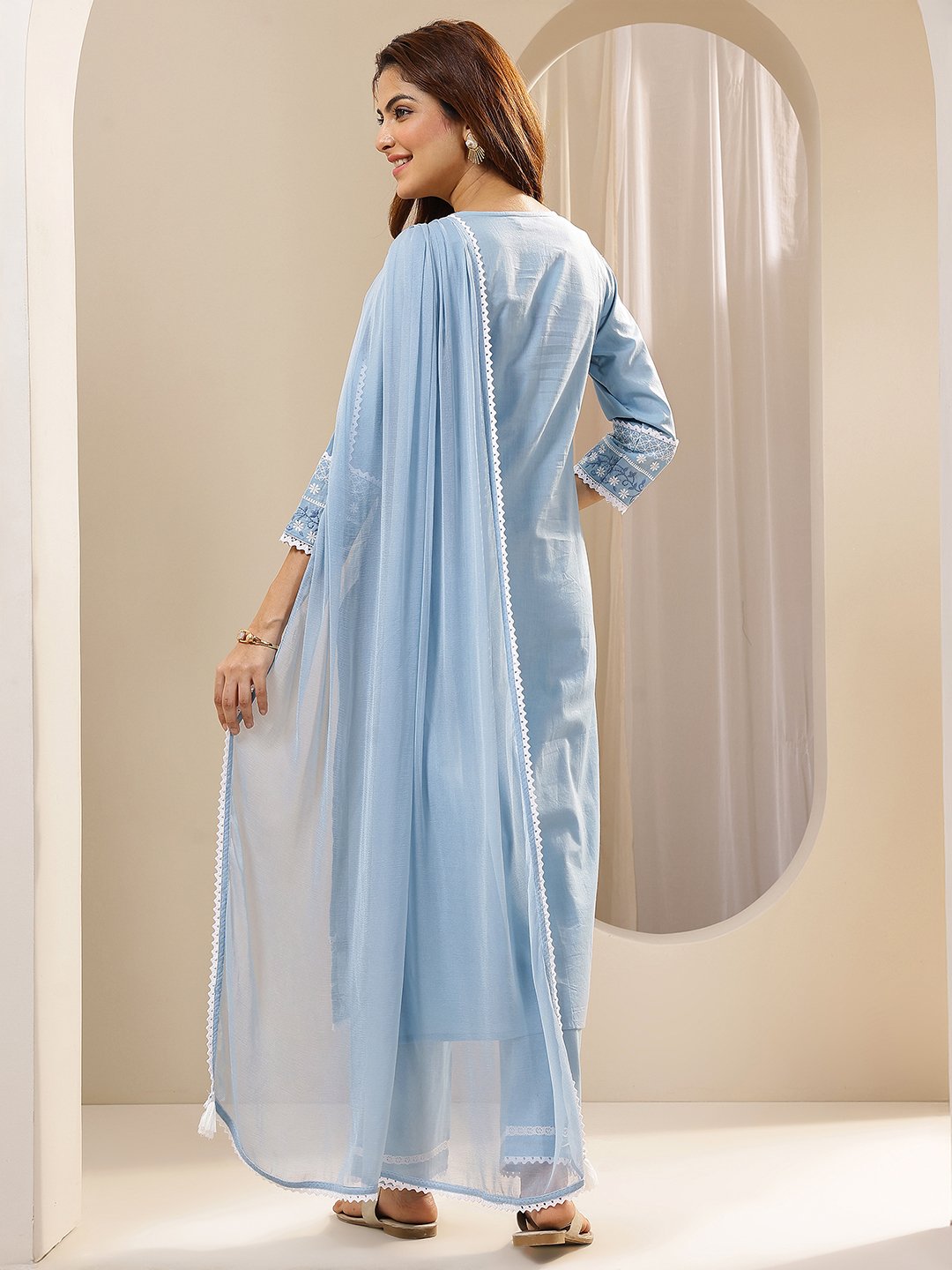 Blue Embroidered Cotton Straight Kurta, Trousers and Dupatta Set