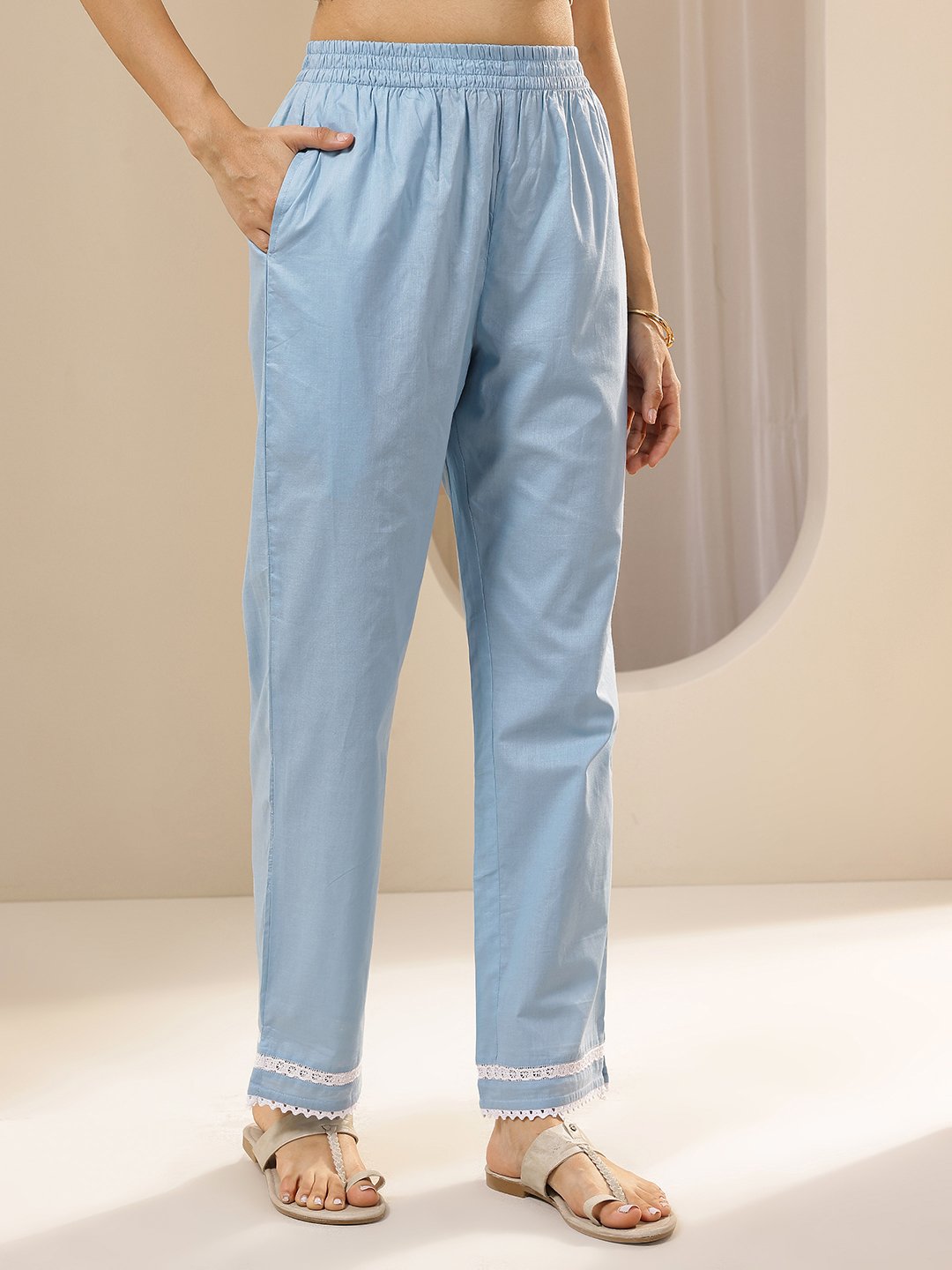 Blue Embroidered Cotton Straight Kurta, Trousers and Dupatta Set